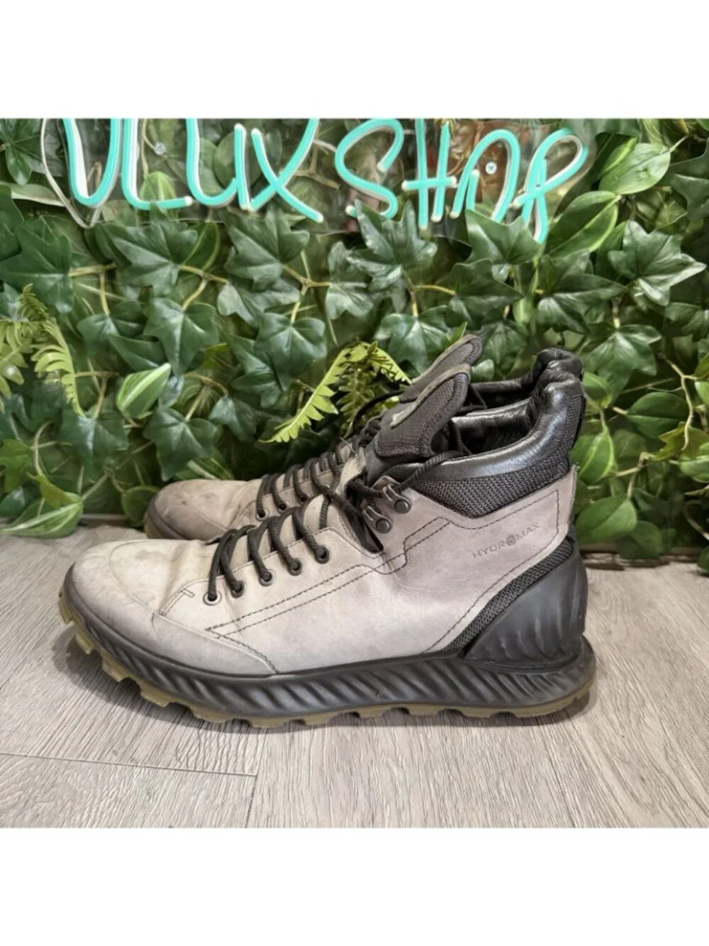 Ecco Exostrike Hydromax Hiking Ankle Boots Mens 12 Gray Leather Yak Lace Up